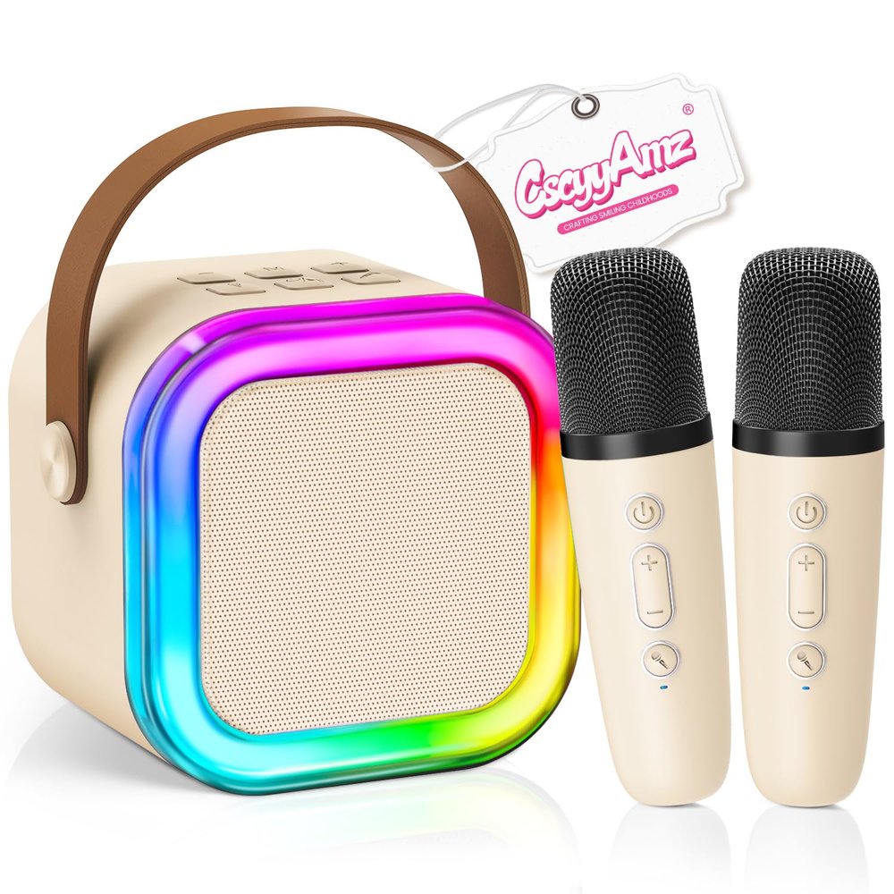 2026 Newest Mini Karaoke Machine for Kids Girls & Boys - Portable Bluetooth Speaker with 2 Wireless Microphones - Kids Birthday Gifts for Ages 4-10 - Kids' Instrument Accessories - Beige