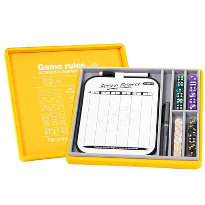 AUSIIBTO Dice Tray and Storage Case for Farkle Game - Includes Embedded Scoring Combinations, 4 Sets of 6 Pearl Dice, 50 Sheet Score Pad and Pen Holder for The Classic Family Game - Yellow and Grey