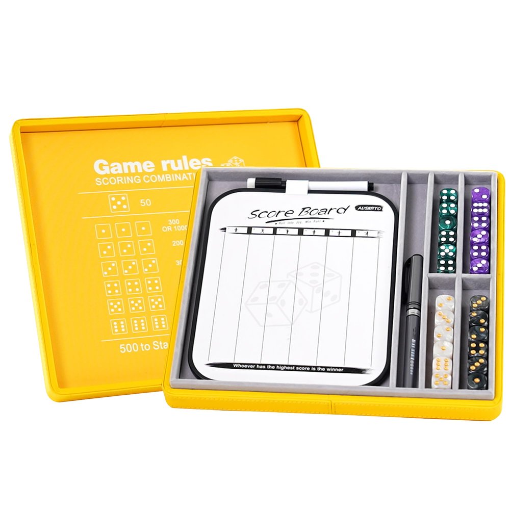 AUSIIBTO Dice Tray and Storage Case for Farkle Game - Includes Embedded Scoring Combinations, 4 Sets of 6 Pearl Dice, 50 Sheet Score Pad and Pen Holder for The Classic Family Game - Yellow and Grey