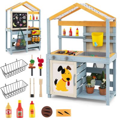 Costzon Mud Kitchen, 3-in-1 Double-Sided Kids Kitchen, BBQ Grill & Grocery Playset with Sink, Faucet, Blackboard, Storage Bag & Baskets, Indoor Outdoor Play Kitchen Gifts for Boys Girls 3+