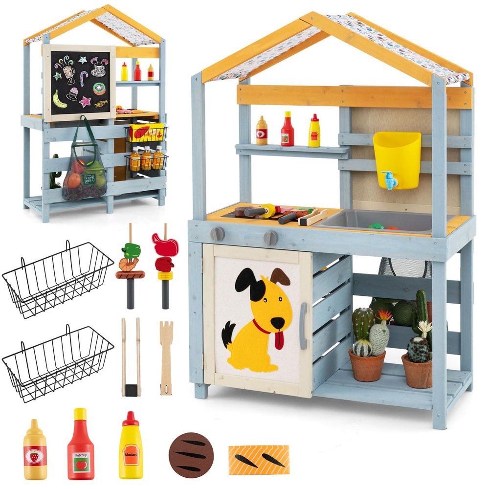 Costzon Mud Kitchen, 3-in-1 Double-Sided Kids Kitchen, BBQ Grill & Grocery Playset with Sink, Faucet, Blackboard, Storage Bag & Baskets, Indoor Outdoor Play Kitchen Gifts for Boys Girls 3+