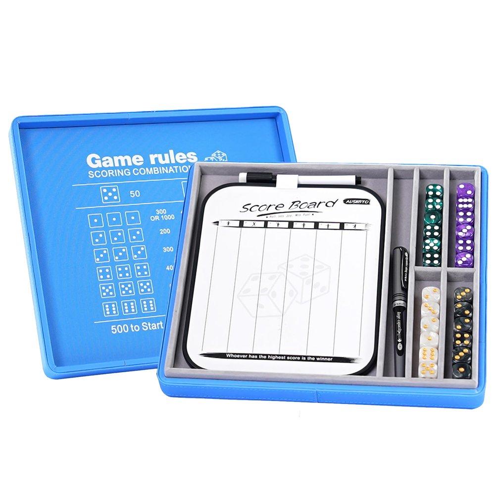 AUSIIBTO Dice Tray and Storage Case for Farkle Game - Includes Embedded Scoring Combinations, 4 Sets of 6 Pearl Dice, 50 Sheet Score Pad and Pen Holder for The Classic Family Game - Blue and Grey