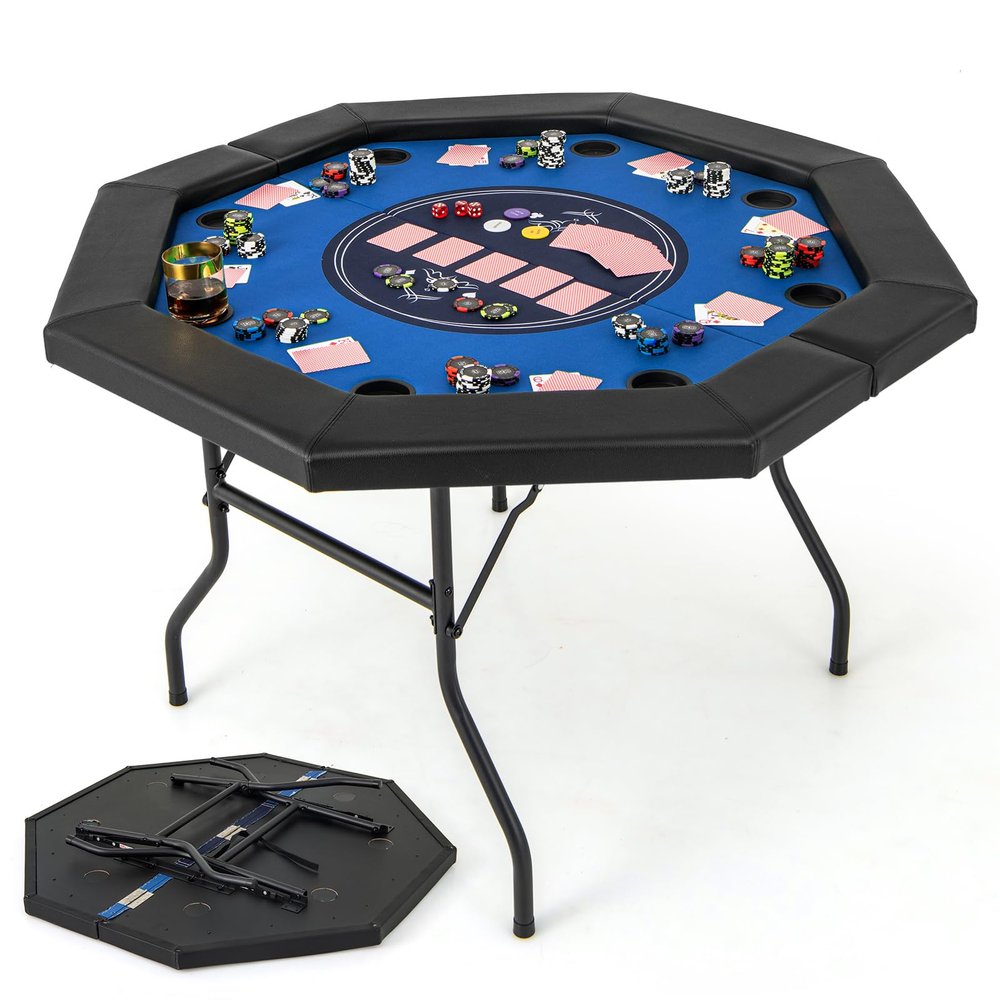 Giantex 48" Poker Table Foldable - 8 Player Octagon Texas Holdem Poker Tables w/ 8 Cup Holders, Casino-Grade Felt Surface, Padded Rails, Portable Folding Card Game Table for Blackjack (Blue+Black)