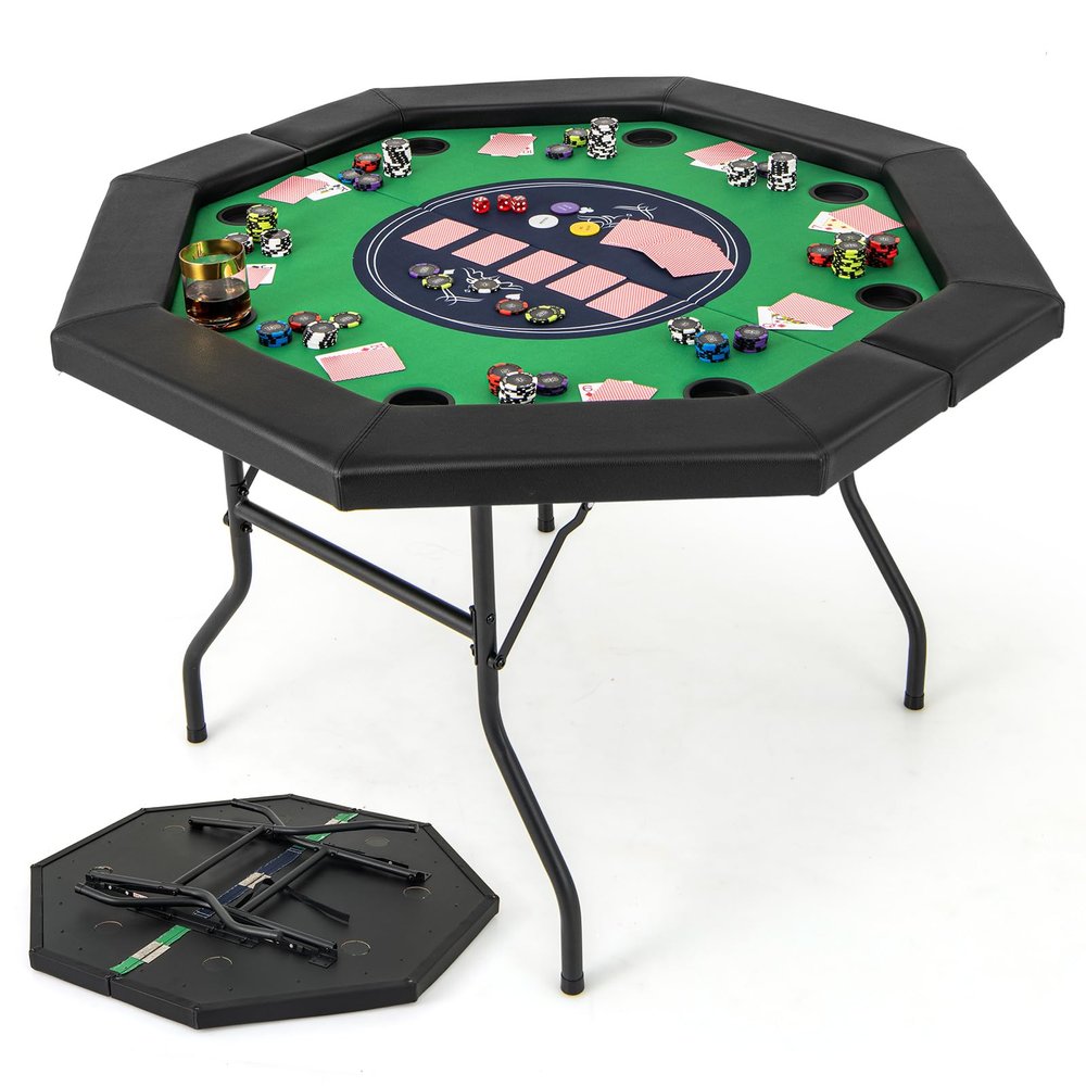 Giantex 48" Poker Table Foldable - 8 Player Octagon Texas Holdem Poker Tables w/ 8 Cup Holders, Casino-Grade Felt Surface, Padded Rails, Portable Folding Card Game Table for Blackjack (Green+Black)