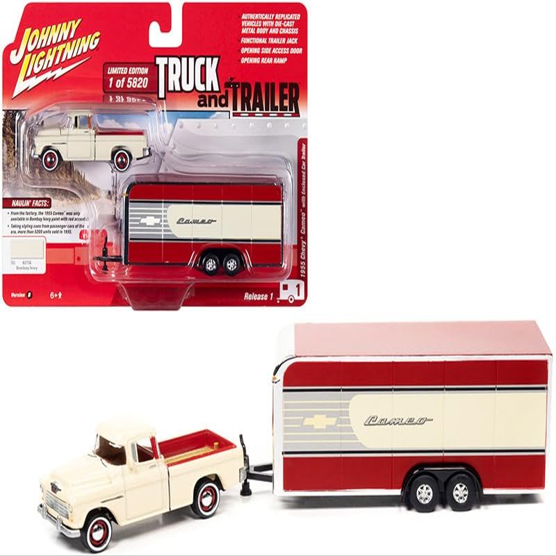 1/64 Johnny Lightning 1955 Chevy Cameo Pickup Truck Bombay Ivory with Enclosed Car Trailer Limited Edition to 5820 Pieces Truck and Trailer Series Diecast Model Car - JLBT014 - JLSP200B