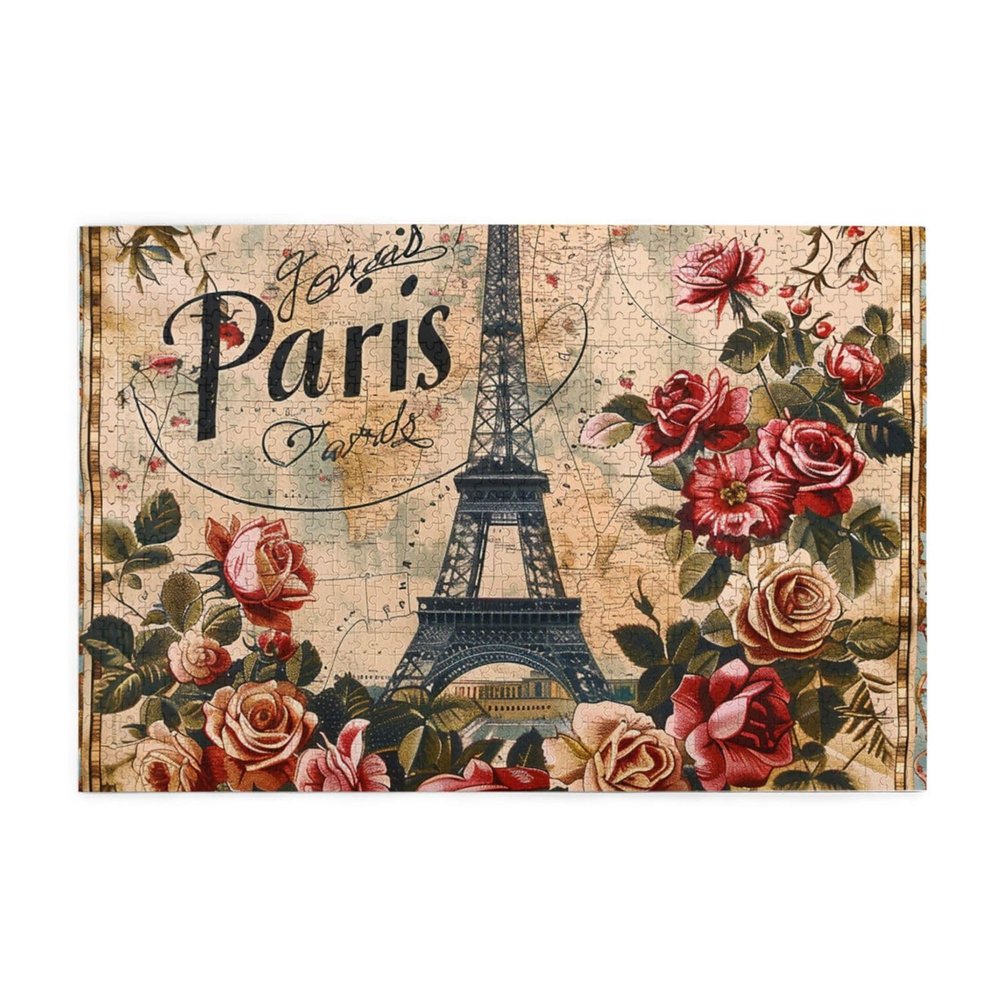 1000 Piece Jigsaw Puzzle Vintage Paris Eiffel Tower Pink Flower Roses Old Wood Puzzle for Adults Teens Family Game Educational Toys Gifts