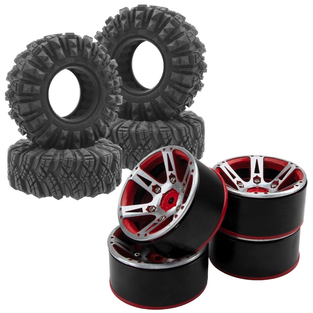 1.9 inch RC 1.9 Crawler Tires Rubber Mud Tires OD 110mm Tyre & Metal 1.9 Inch Beadlock Wheel Hub Rims Width 26mm 6-Spoke Wheel Rim