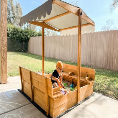 AIVITUVIN Sandbox with Lid, Sand Boxes for Kids Outdoor, 47.2 Inch Sand Pit with 2 Foldable Bench Seats, UV Resistant & Adjustable Height Roof, Gift for Kids Ages 4-8