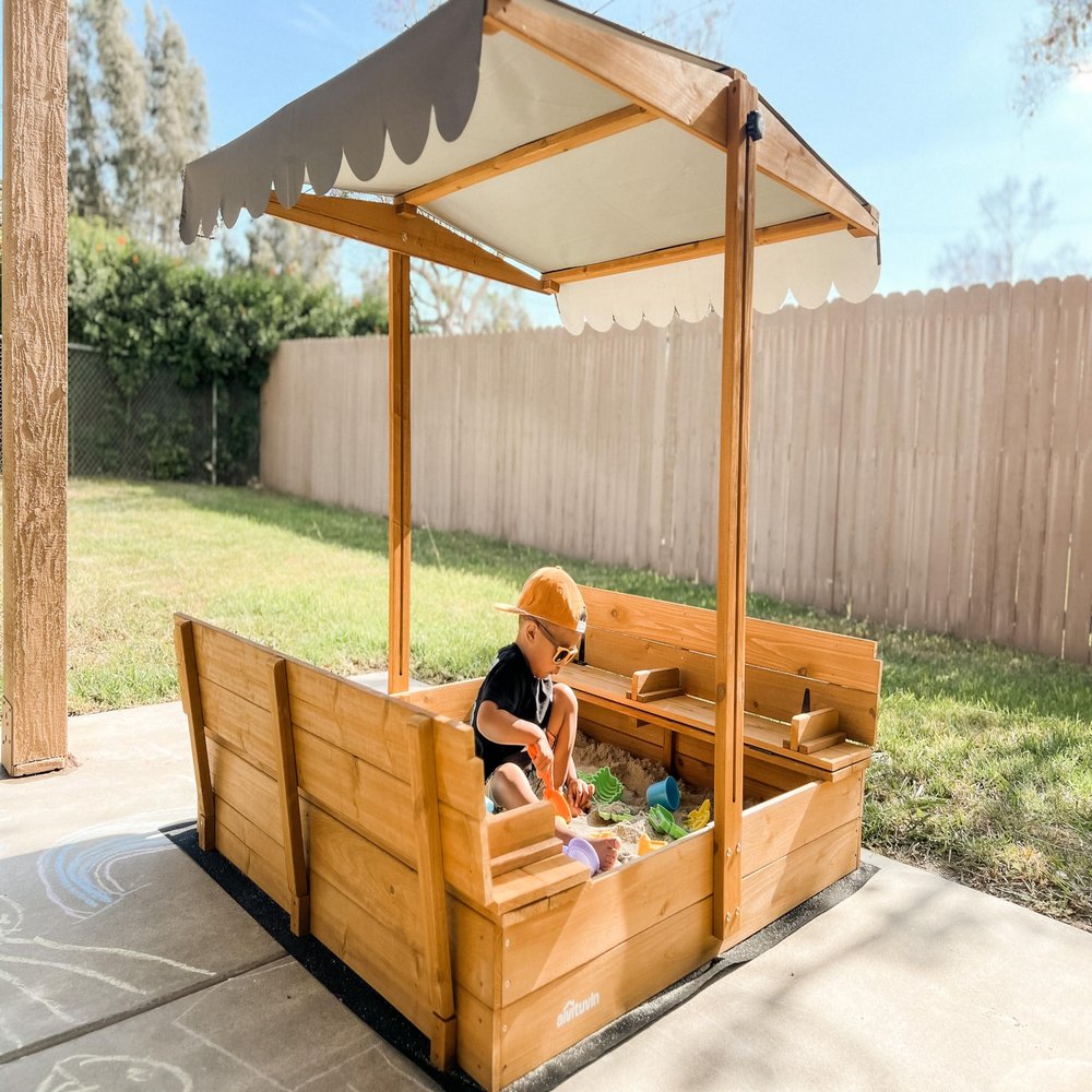AIVITUVIN Sandbox with Lid, Sand Boxes for Kids Outdoor, 47.2 Inch Sand Pit with 2 Foldable Bench Seats, UV Resistant & Adjustable Height Roof, Gift for Kids Ages 4-8