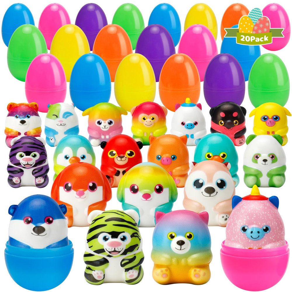 20 Pack Prefilled Easter Eggs with Animals Squishy Animal Toys for Easter Egg Hunt, Easter Basket Stuffers Fillers, Easter Party Favors, Easter Classroom Prize Supplies