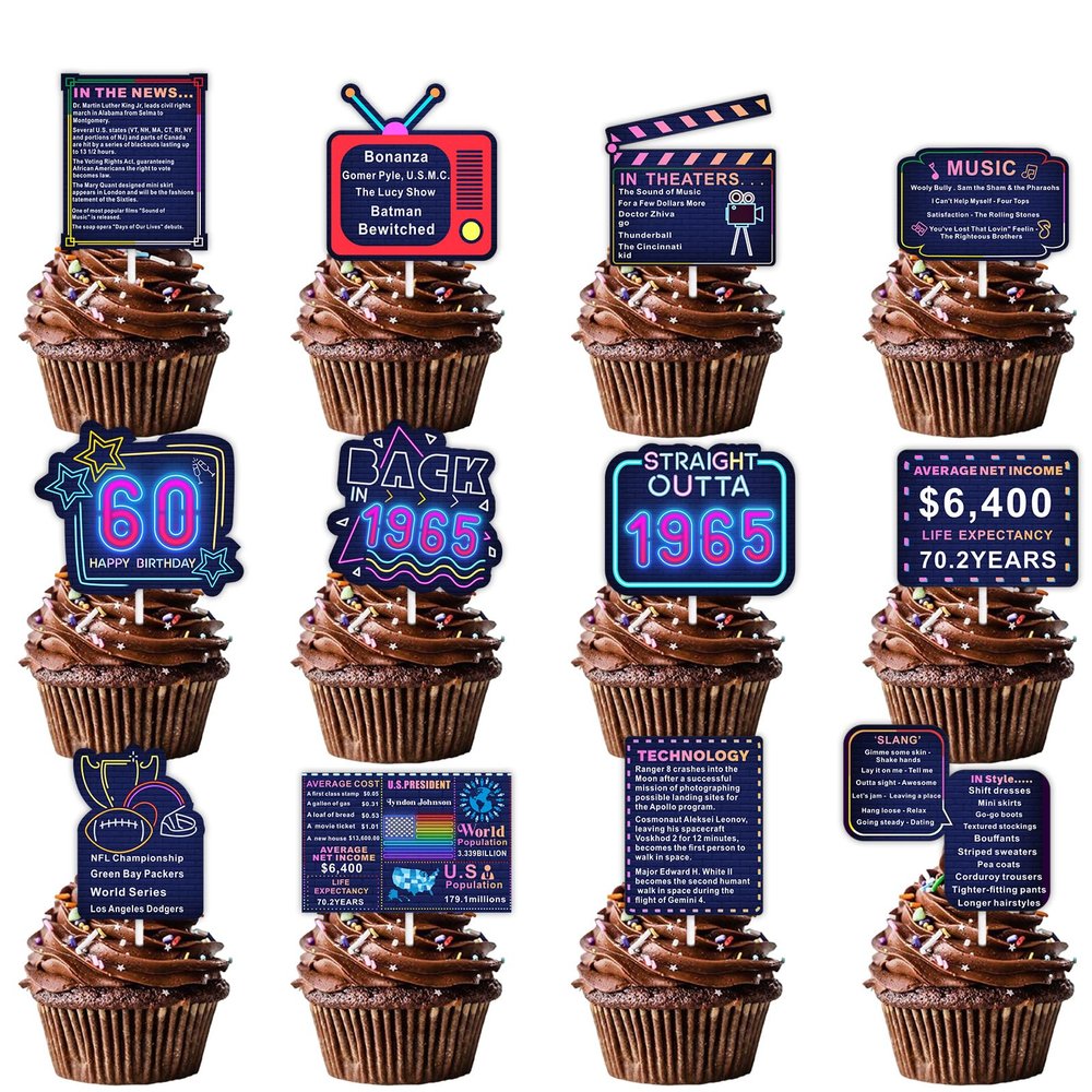 24pcs Blue Glitter Dessert Cupcake Topper Pick for Straight Out 1965 Theme Decor Supplies Men Women Happy 60th Birthday Party Decoration