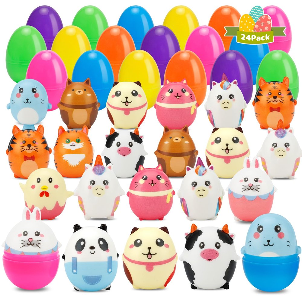 24 Pack Prefilled Easter Eggs with Animals Squishy Animal Toys for Easter Egg Hunt, Easter Basket Stuffers Fillers, Easter Party Favors, Easter Classroom Prize Supplies