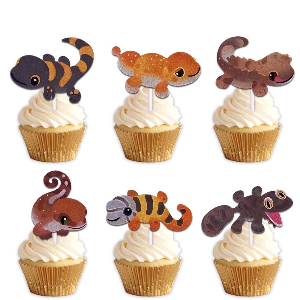 18pcs Glitter Leopard Gecko Dessert Cupcake Pick for Reptile Pet Theme Decor Supplies Men Women Happy Birthday Party Decorations
