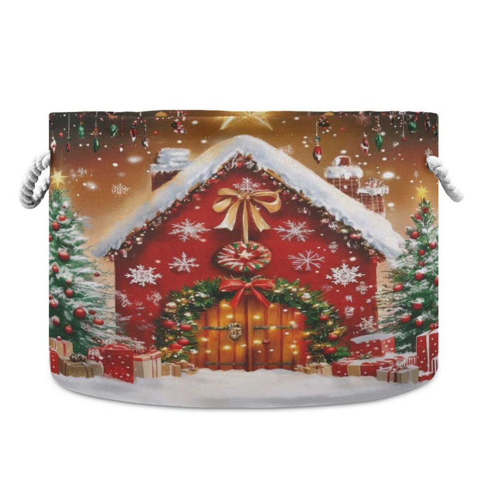 Flradish Gingerbread House Christmas House Cotton Rope Baske,20" X 20" X 14" Woven Baby Soft Waterproof Laundry Baskets with Handles,Toy Basket for Storage,Living Room,Toy,Blankets,Clothes