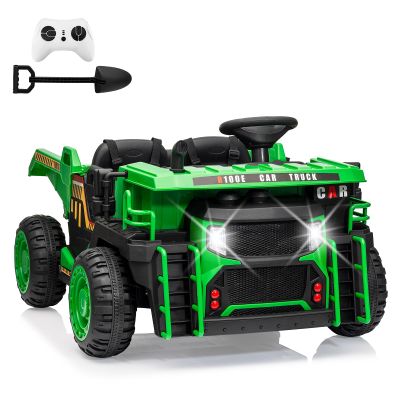 24V Kids Ride On Dump Truck with R/C, 2 Seater Electric Car - 2WD/4WD Powerful Motors, 4.4 Mph, Electric Dump Bed & Shovel, EVA Tires, Music Player, Soft Start, 19" Spacious Seat (Green)