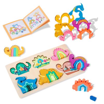 Adena Montessori 24PCS Wooden Stacking Puzzles for 3-6 Year Old Toddler,Wooden Sorting Stacking Toy for Baby Boys Girls 3+,Educational Learning Shape Sorter Color Stacker Preschool Kid Gift(Dinosaur)