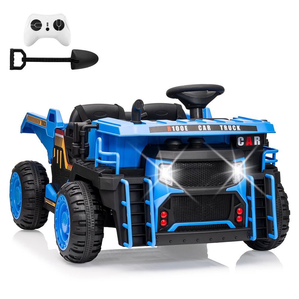 24V Kids Ride On Dump Truck with R/C, 2 Seater Electric Car - 2WD/4WD Powerful Motors, 4.4 Mph, Electric Dump Bed & Shovel, EVA Tires, Music Player, Soft Start, 19" Spacious Seat (Blue)