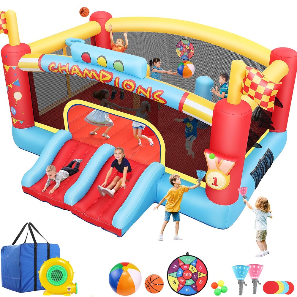 AKEYDIY Big Inflatable Bounce House for Big Kids, 13FT Outdoor Inflatable Bouncers with Blower, Double Basketball Hoop, Throw Ball Game, Punching Game, Jumping Bouncy Castle (Extra Large Bounce House)