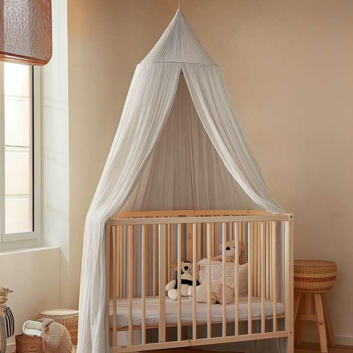100% Cotton Kids Bed Canopy for Child Bedroom | Pom Pom String Accessory & Nursery Crib Hanging Curtain | Mosquito Net Bedding for Girls Play Room Decoration | Reading Nook Canopies Toddler Dome Tent
