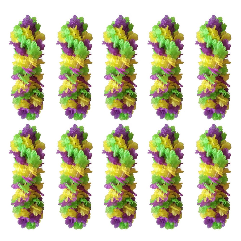 50 Pack Mardi Gras Flower Leis Necklaces Bulk, Red Green Yellow Mardi Gras Hawaiian Leis for Mardi Gras Party Decorations, Gaysby Themed Party, Masquerade Costume Accessories
