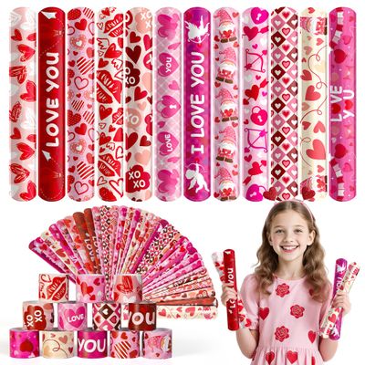 Childom 36 Pcs Valentines Slap Bracelets,Valentines Party Favors,Valentine's Day Decorations,Valentine's Day Gifts Bracelets Bulk Toys for Classroom Prizes,Goodie Bag Stuffers,Birthday,Holiday,Outdoor