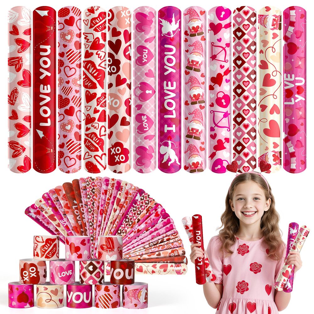 Childom 36 Pcs Valentines Slap Bracelets,Valentines Party Favors,Valentine's Day Decorations,Valentine's Day Gifts Bracelets Bulk Toys for Classroom Prizes,Goodie Bag Stuffers,Birthday,Holiday,Outdoor