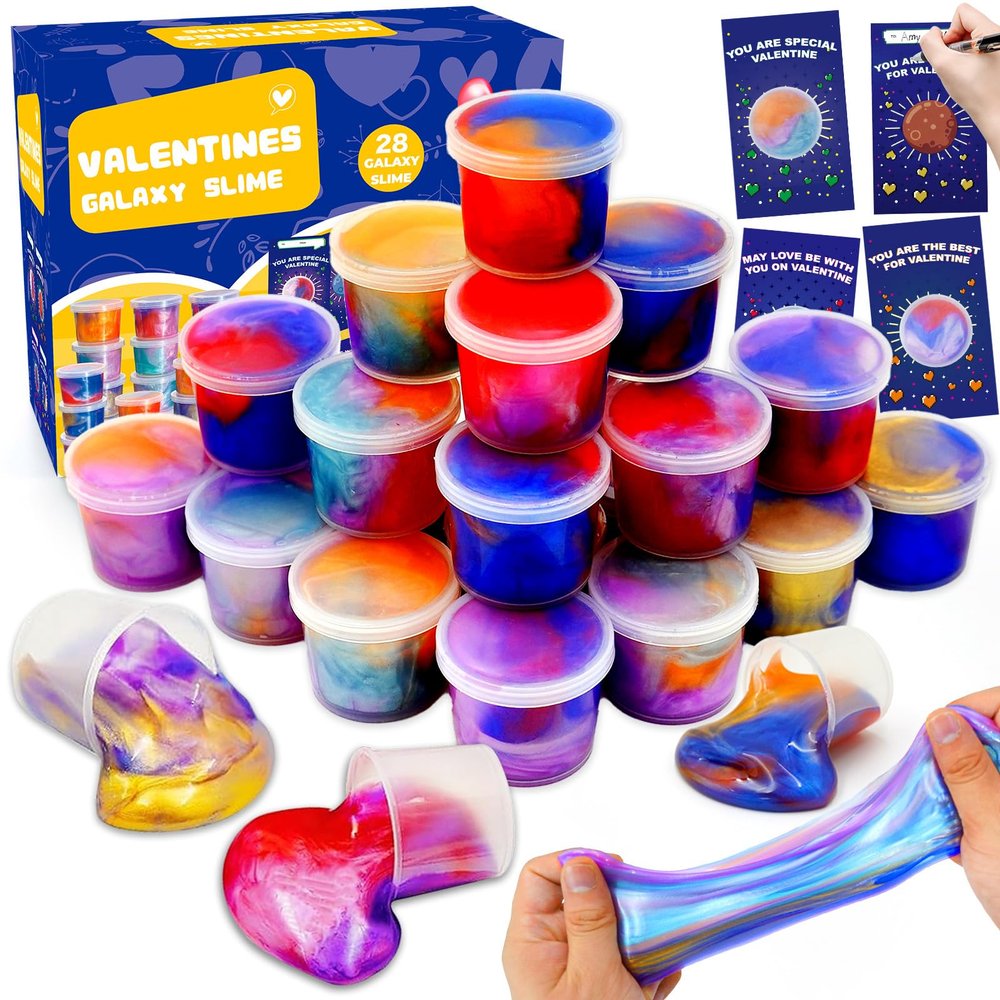 28 Pack Valentines Galaxy Slime Toys for Kids, Valentines Galaxy Slime with Valentines Cards Kids Stress Relief Fidget Set for Kids School Classroom Valentines Party Favors Supplies