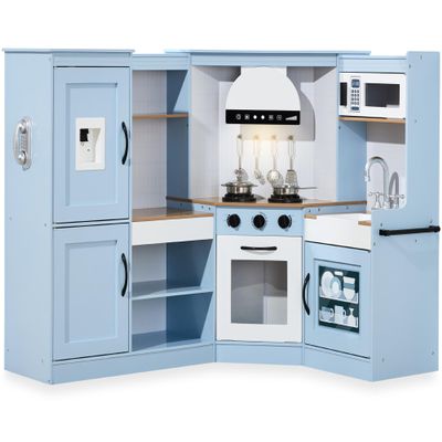Best Choice Products Pretend Play Corner Kitchen, Ultimate Interactive Wooden Kids Playset w/Lights & Sounds, Ice Maker, Hood - Coastal Blue