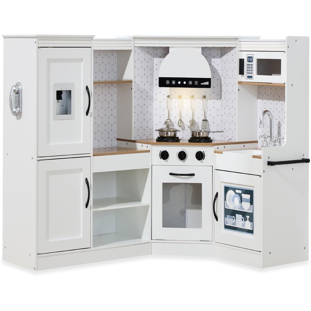 Best Choice Products Pretend Play Corner Kitchen, Ultimate Interactive Wooden Kids Playset w/Lights & Sounds, Ice Maker, Hood - Farmhouse White