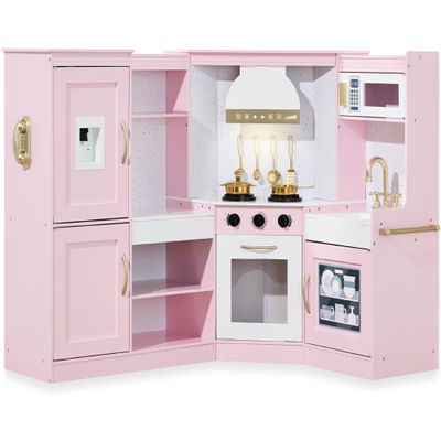 Best Choice Products Pretend Play Corner Kitchen, Ultimate Interactive Wooden Kids Playset w/Lights & Sounds, Ice Maker, Hood - Bevel Pink