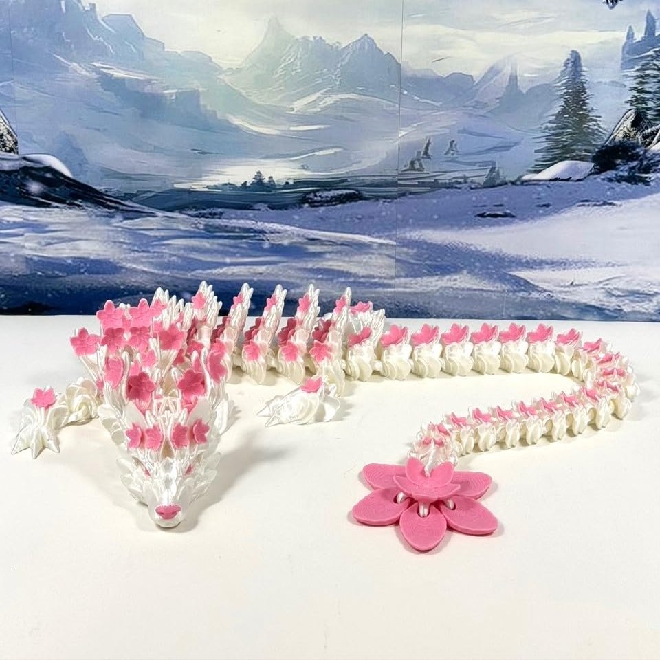 24 Inches 3D Printed Dragon, Articulated White and Pink Cherry Blossom, Executive Desk Toy, Fidget ADHD Autism Toy D016-DR-24