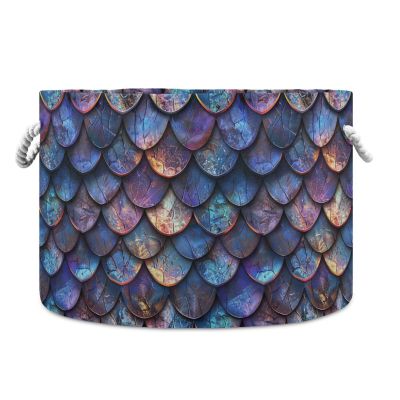 AMmao Purple Dragon Scale Pattern Toys Storage Bin with Cotton Rope Large Capacity Clothes Storage Baskets Laundry Hamper Holiday Ornament Box Organizer for Bedroom Bathroom Nursery