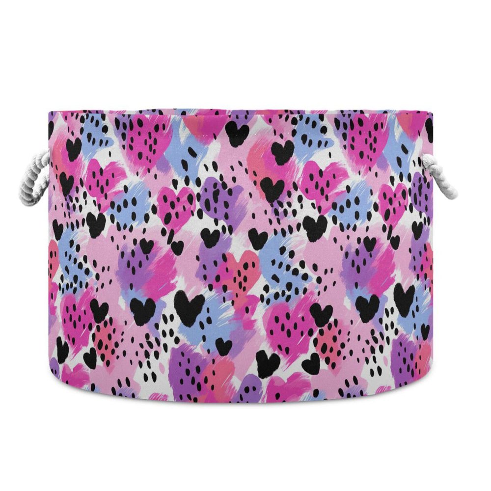 Abstract Purple Pink Heart Pattern Toys Storage Bin with Cotton Rope Large Capacity Clothes Storage Baskets Laundry Hamper Holiday Ornament Box Organizer for Bedroom Bathroom Nursery