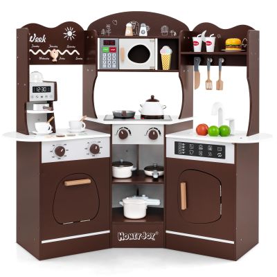 HONEY JOY Corner Play Kitchen, Toddler Wooden Toy Kitchen Set w/Lights, Coffee Maker, Microwave, Sink, Faucet, Little Chef Pretend Play Kids Kitchen Playset for Boys Girls (Coffee)