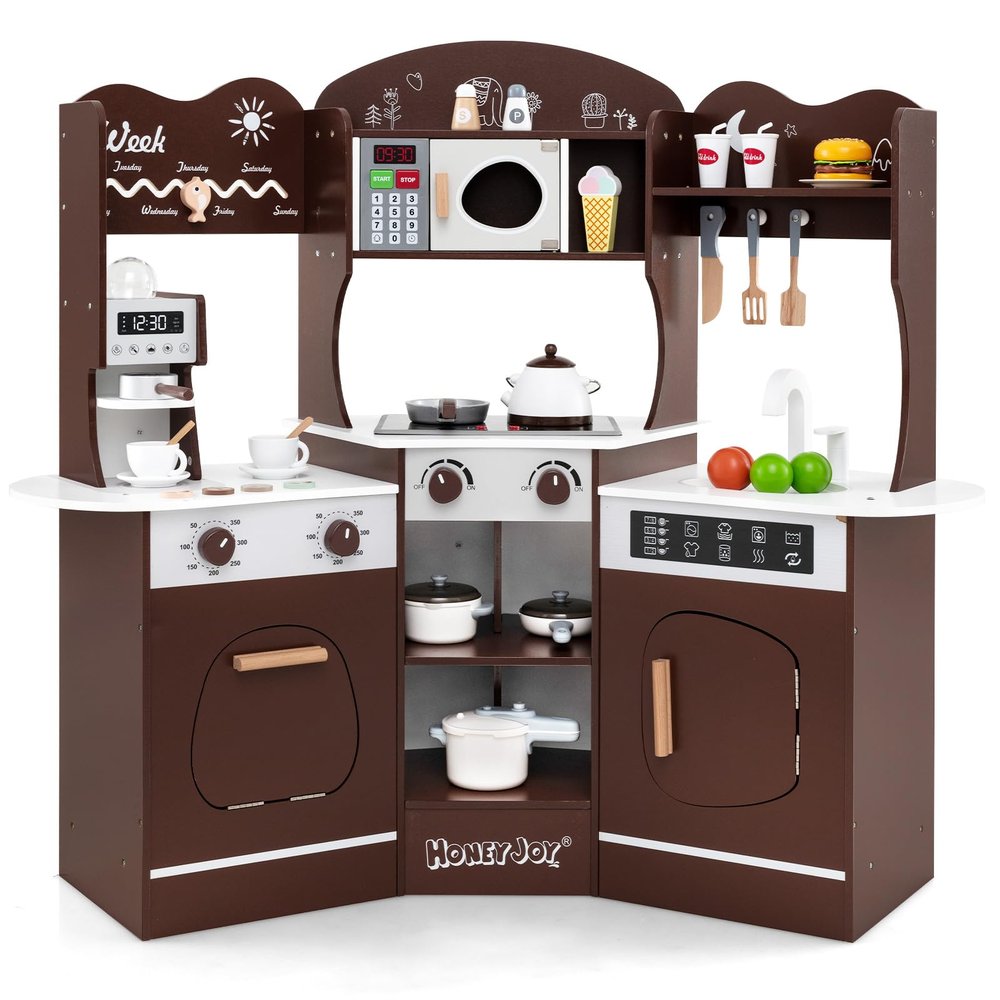 HONEY JOY Corner Play Kitchen, Toddler Wooden Toy Kitchen Set w/Lights, Coffee Maker, Microwave, Sink, Faucet, Little Chef Pretend Play Kids Kitchen Playset for Boys Girls (Coffee)