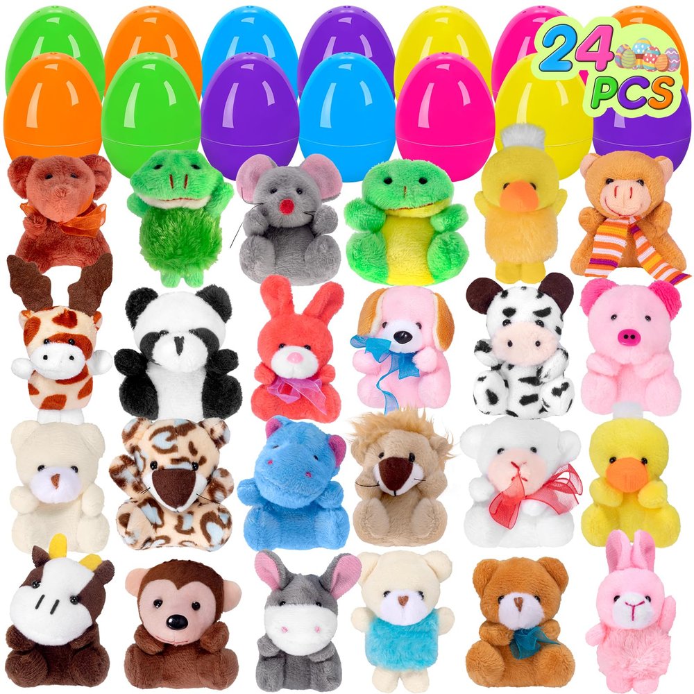 24 PCS Prefilled Easter Eggs with Mini Plush Animals Toys Easter Basket Stuffers/Fillers for Kids Toddlers Plastic Easter Eggs Stuffed Animals Gifts Eggs for Easter Egg Hunt Prizes, Party Favor
