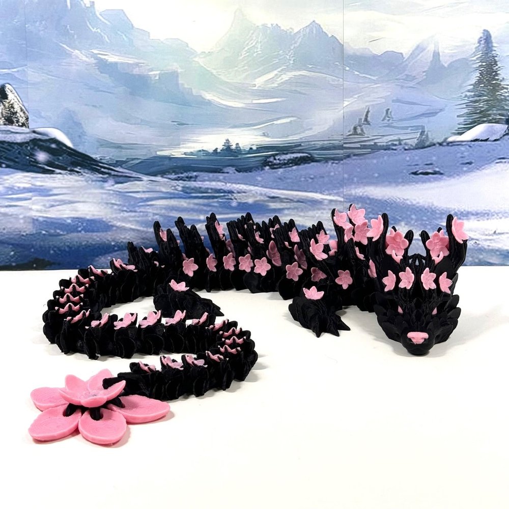 24 Inches 3D Printed Dragon, Articulated Black and Pink Cherry Blossom, Fidget ADHD Autism Toy D028-DR-24
