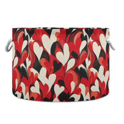 Abstract Red Black White Heart Pattern Toys Storage Bin with Cotton Rope Large Capacity Clothes Storage Baskets Laundry Hamper Holiday Ornament Box Organizer for Bedroom Bathroom Nursery