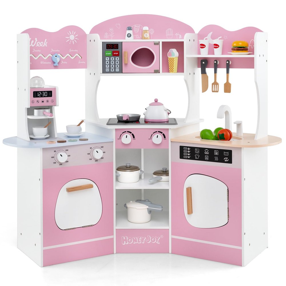 HONEY JOY Corner Play Kitchen, Toddler Wooden Toy Kitchen Set w/Lights, Coffee Maker, Microwave, Sink, Faucet, Little Chef Pretend Play Kids Kitchen Playset for Boys Girls (Pink)