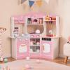 HONEY JOY Corner Play Kitchen, Toddler Wooden Toy Kitchen Set w/Lights, Coffee Maker, Microwave, Sink, Faucet, Little Chef Pretend Play Kids Kitchen Playset for Boys Girls (Pink) view 2