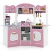 Costzon Corner Play Kitchen, Wooden Kids Kitchen Playset with Lights & Sound, Coffee Maker, Washing Machine, Oven, Microwave, Toddler Toy Kitchen for Pretend Play, Gift for Boys Girls 3+ (Pink) view 1