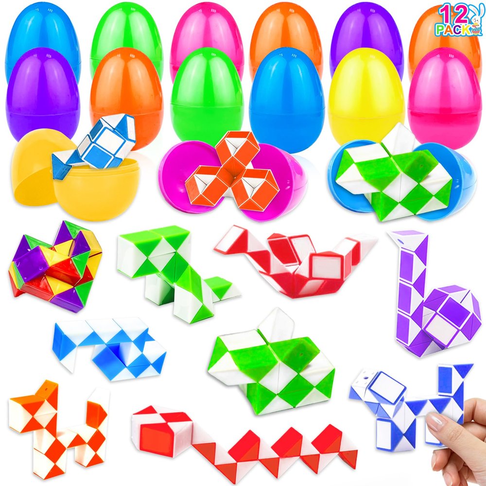 12 Pack Filled Easter Eggs with Snake Cubes Twist Puzzle Toys, Easter Basket Stuffers Fillers Gifts Stress Relief Fidget Toys for Teens Kids Basket Essential Egg Hunt Party Favor Classroom Reward