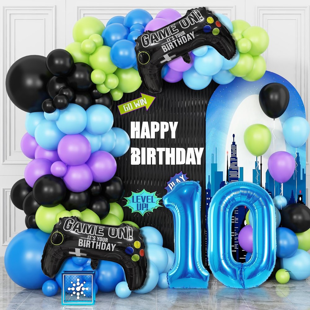10th Birthday Video Game Balloons Arch, 10th Party Balloons Garland Kit 10th Birthday Supplies with Blue Number 10 Balloon Game Foil Balloons for 10 Year Old Teens Boys Decor