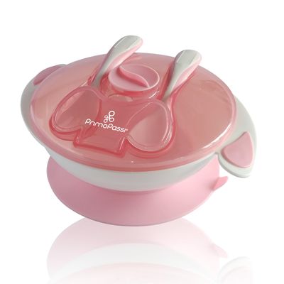 Primo Passi Baby Suction Bowl with Lid, Fork & Spoon Set BPA-Free Toddler Self Feeding Bowl, Strong Suction Base, Dishwasher & Microwave Safe (Light Pink)