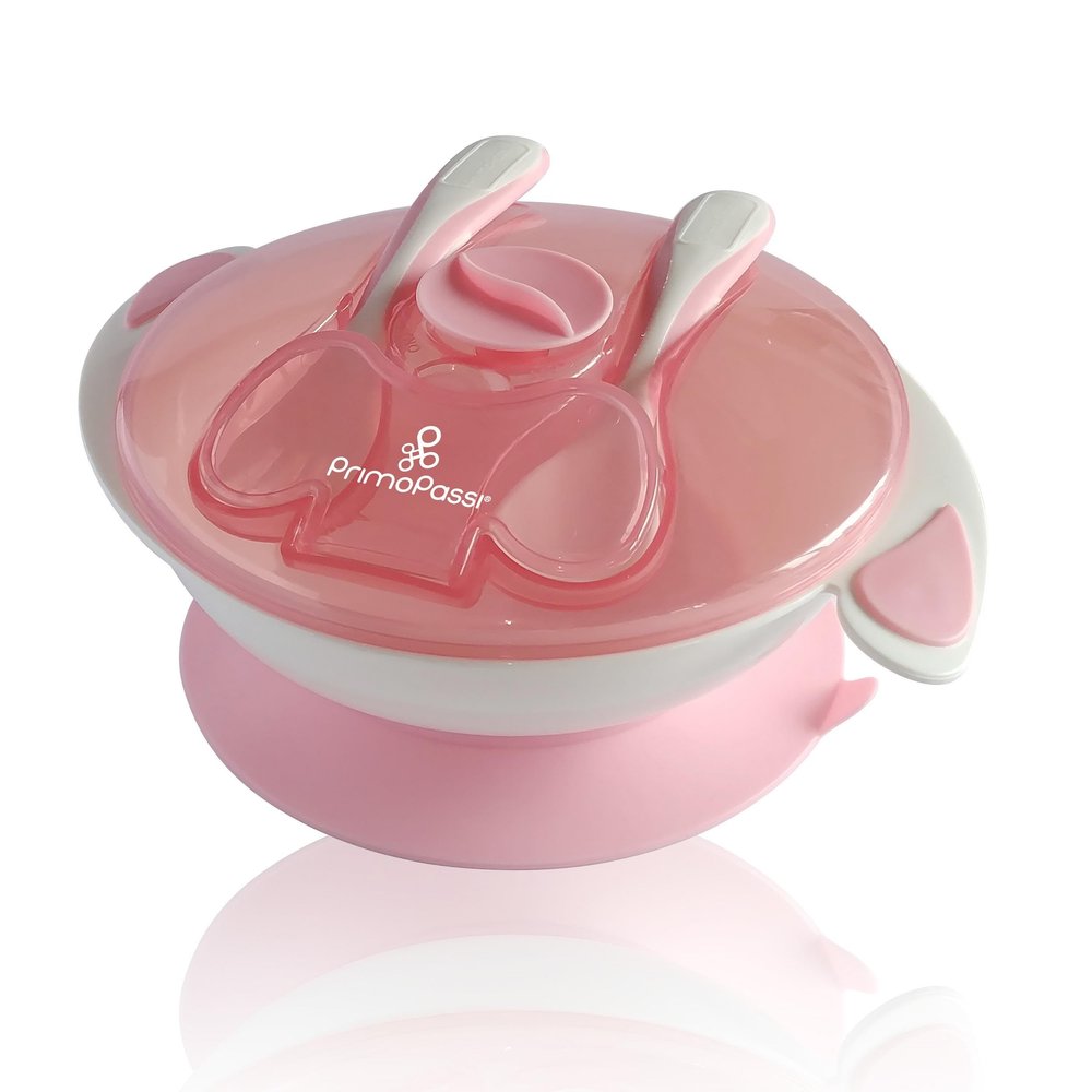 Primo Passi Baby Suction Bowl with Lid, Fork & Spoon Set BPA-Free Toddler Self Feeding Bowl, Strong Suction Base, Dishwasher & Microwave Safe (Light Pink)