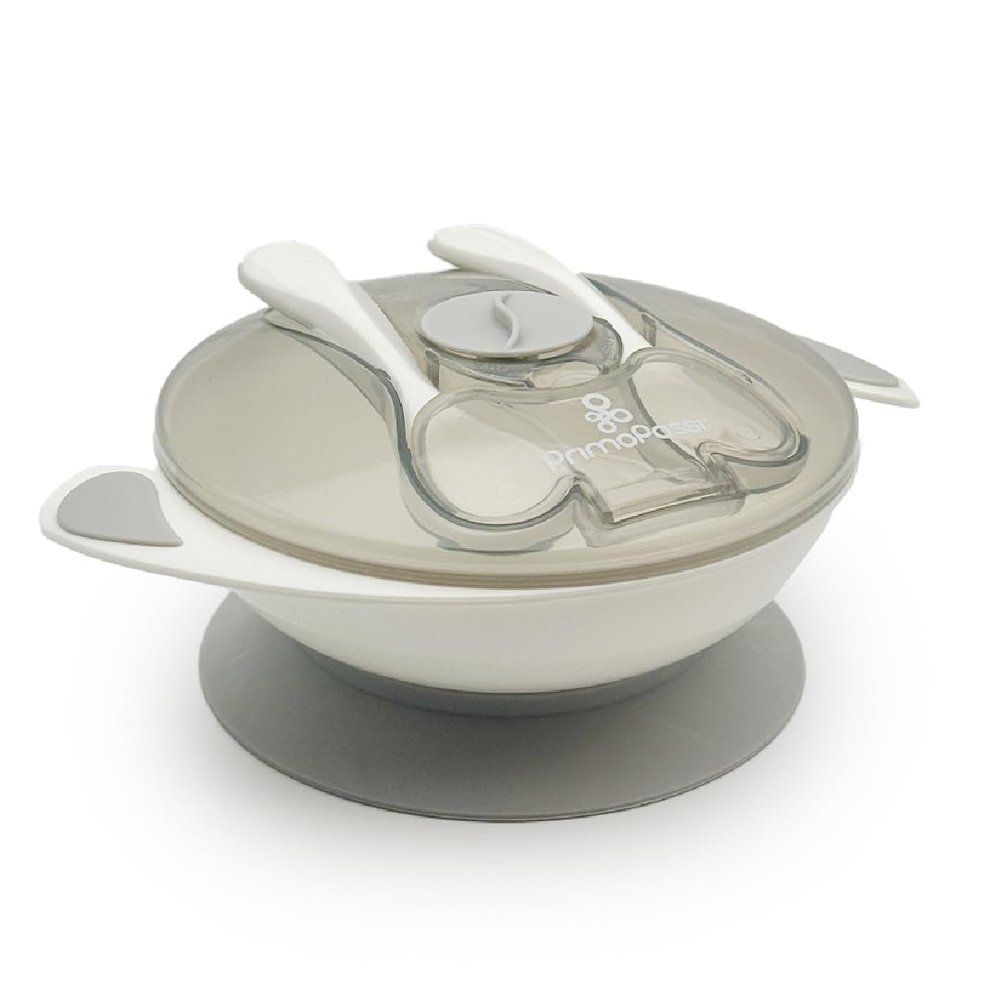 Primo Passi Baby Suction Bowl with Lid, Fork & Spoon Set BPA-Free Toddler Self Feeding Bowl, Strong Suction Base, Dishwasher & Microwave Safe (Grey)