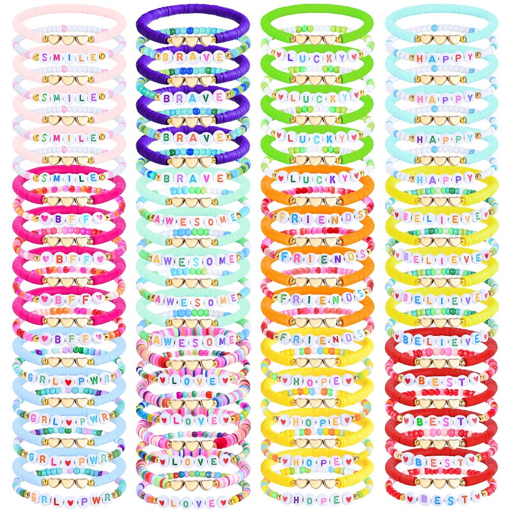 96PCS Friendship Bracelets Bulk for Women, Stackable Colorful Clay Beaded Bracelet with Heart Charms, Preppy Y2K Galentines Day Bracelets Surfer Heishi Bracelet Rainbow Matching Gifts & Party Favors