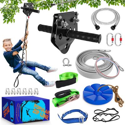 X XBEN Zip line Kit for Kids and Adults Outdoor: Up to 500Lbs - 200FT Quick Tighten Zipline for Backyard with Removable Trolley Swing Seat Spring Brake Ratchet Strap