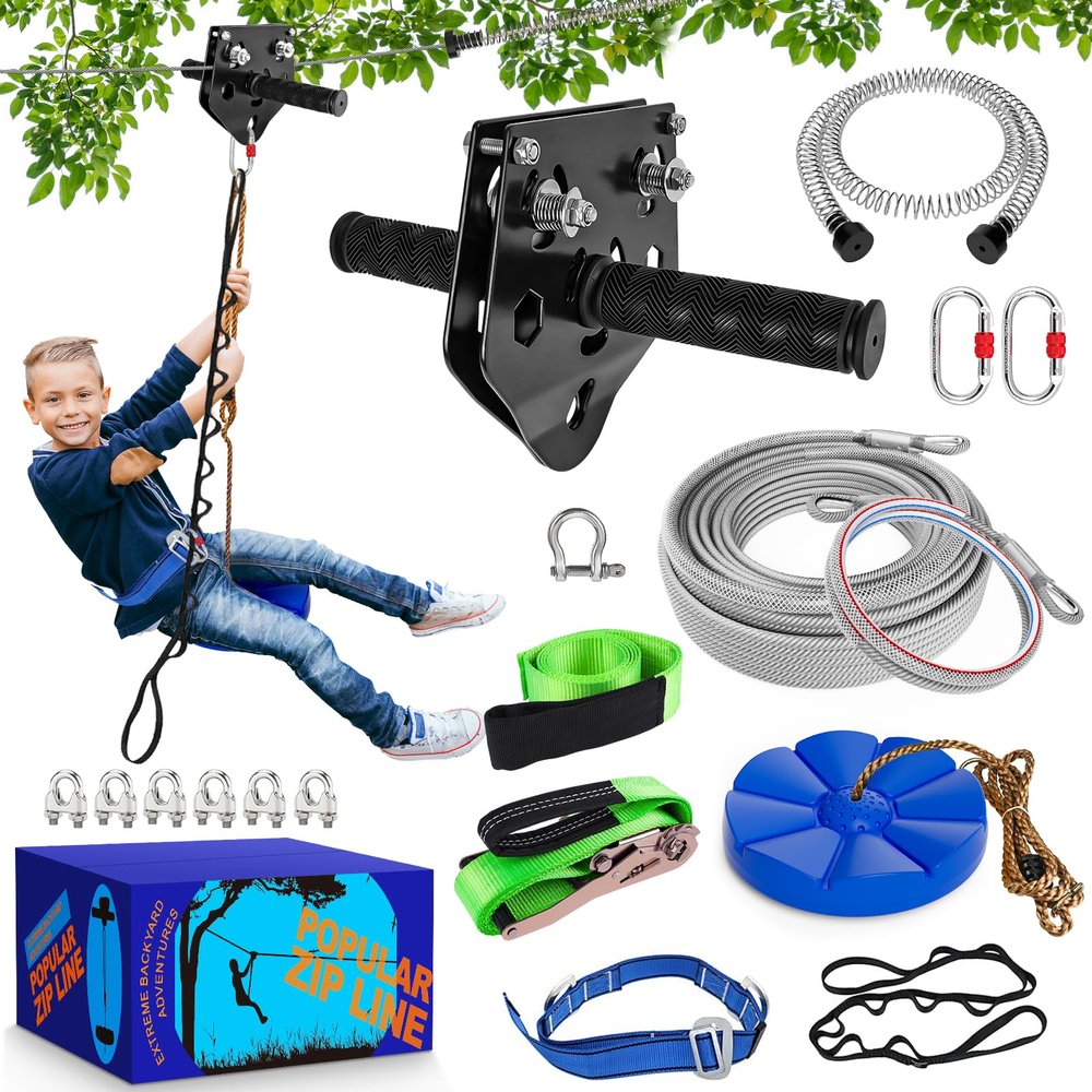 X XBEN Zip line Kit for Kids and Adults Outdoor: Up to 500Lbs - 200FT Quick Tighten Zipline for Backyard with Removable Trolley Swing Seat Spring Brake Ratchet Strap