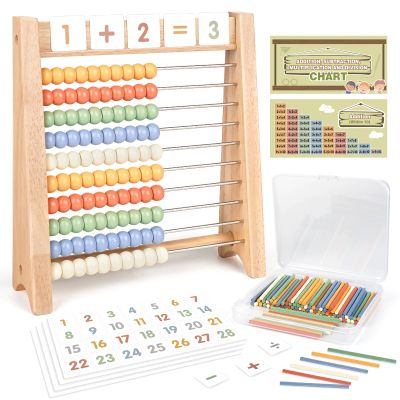Abacus for Kids Math - Wooden Abacus with 100 Counting Sticks and 112 Math Cards, Counting Toys for Preschool Learning, Educational Math Toys for Developing Fine Motor Skills, Math Calculation